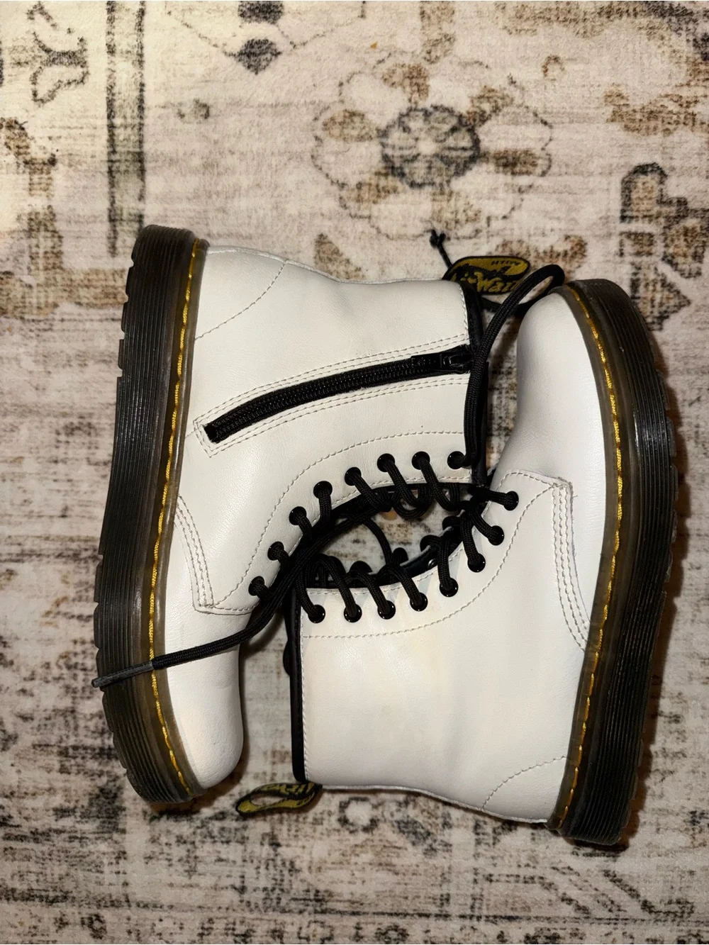 Dr. Martens Black and White Lace-Up Boots with Yellow Heel Loop